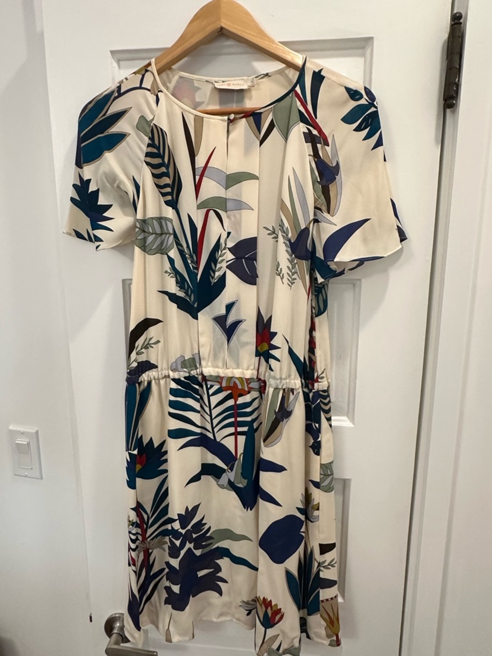 Tory Burch Cream Botanical-Print Short Dress with Navy & Green Accents